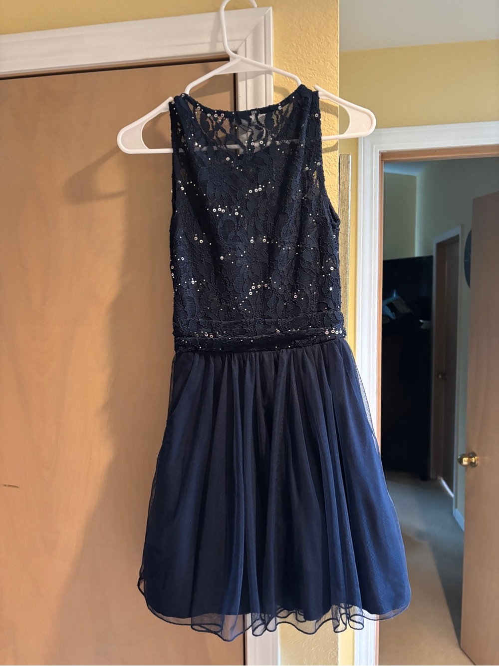 Navy Blue Lace & Tulle Formal Dress